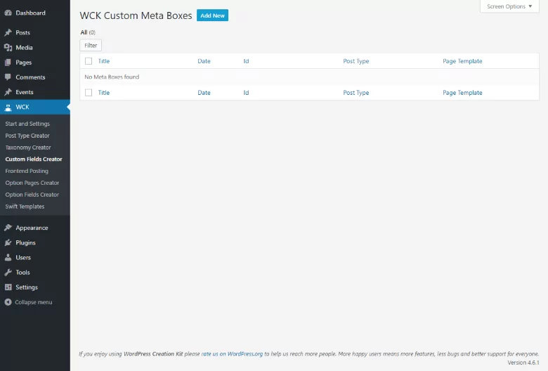 WordPress Creation Kit - Custom Fields Creator - Add New