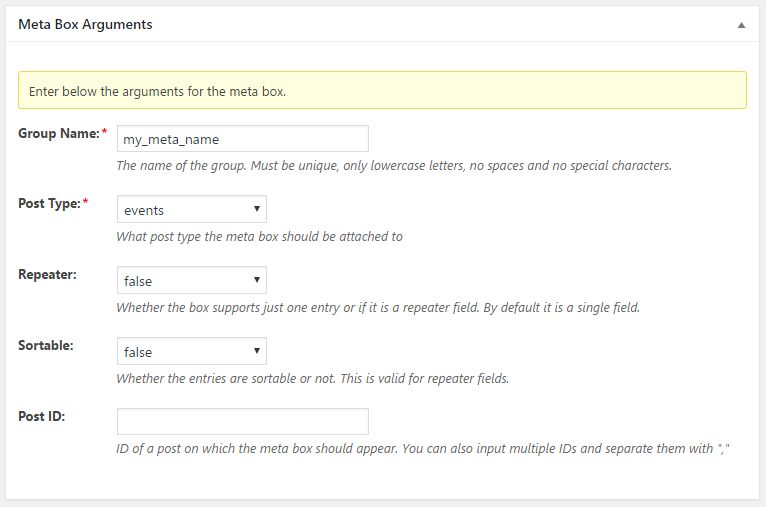 WordPress Creation Kit - Custom Fields Creator - Meta Box Arguments - Events Page Template