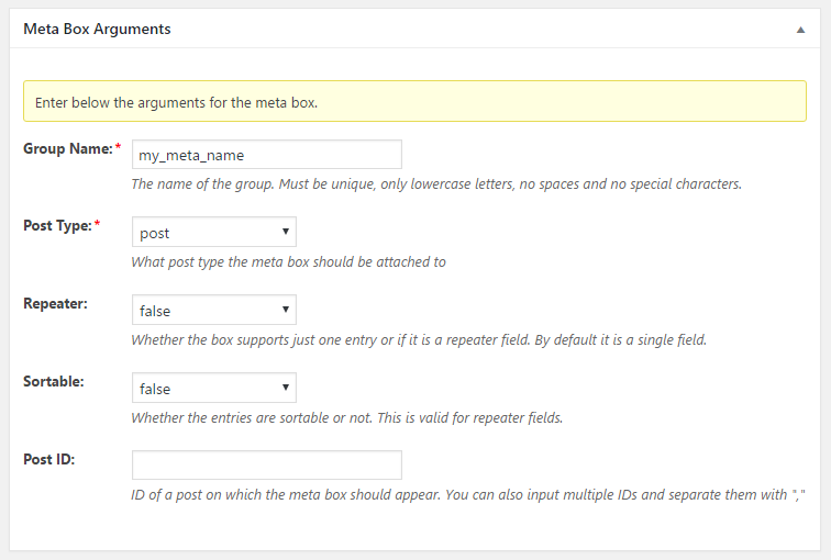 WordPress Creation Kit - Custom Fields Creator - Meta Box Arguments - Template