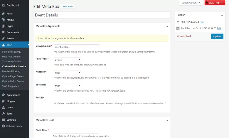 WordPress Creation Kit - Custom Fields Creator - Meta Box Arguments
