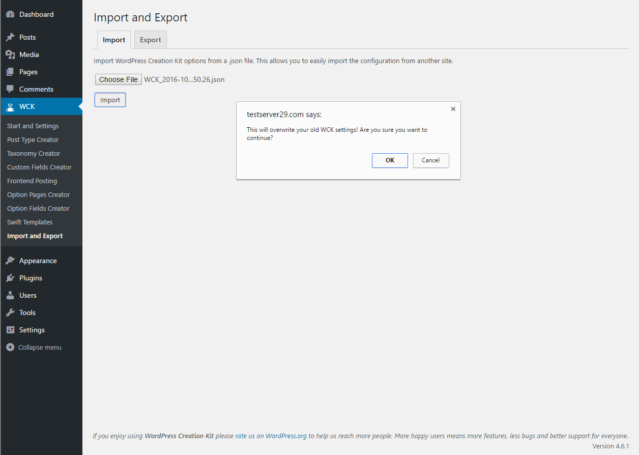 WordPress Creation Kit - Import and Export WCK  Settings - Import Tab Popup