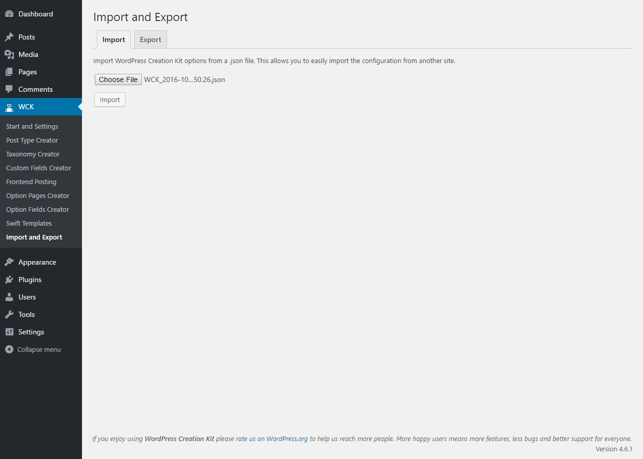 WordPress Creation Kit - Import and Export WCK  Settings - Import Tab