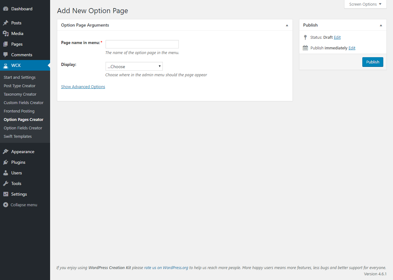 WordPress Creation Kit - Option Pages Creator - Add New