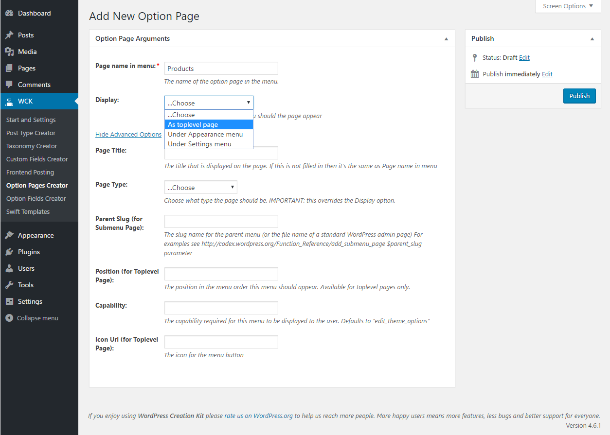 WordPress Creation Kit - Option Pages Creator - Option Page Arguments