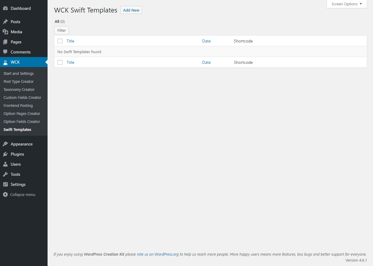 WordPress Creation Kit - Swift Templates - Add New Swift Template
