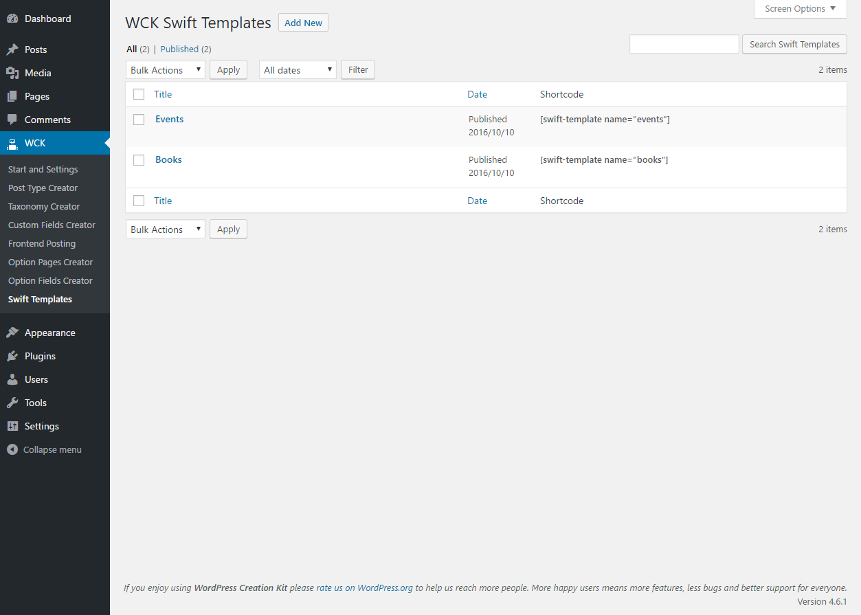 WordPress Creation Kit - Swift Templates - Add New