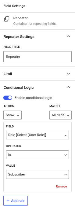 profile builder repeater fields conditional logic
