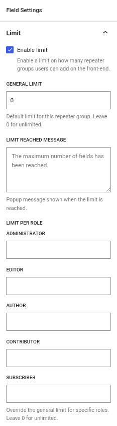 profile builder repeater fields settings limit section