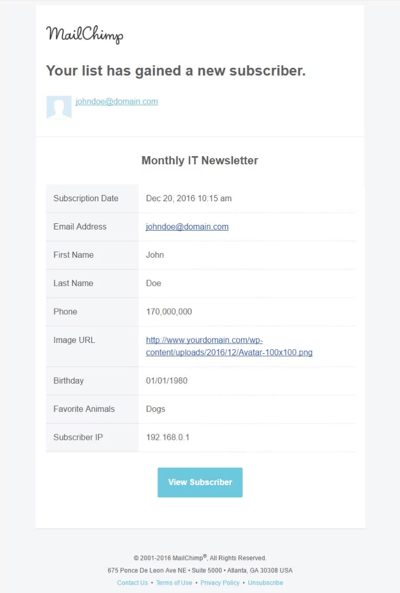 Profile Builder - MailChimp - Admin Email Notification