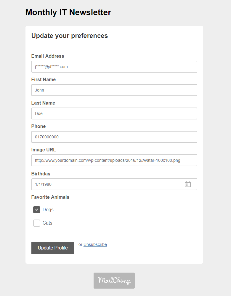 Profile Builder - MailChimp - Update Preferences