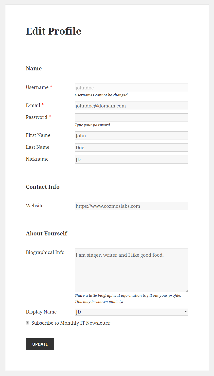 Profile Builder Pro - MailPoet - Edit Profile Form