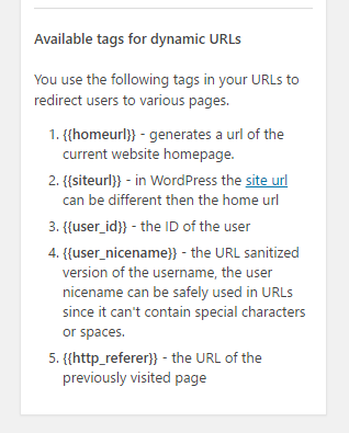 Profile Builder Pro - Custom Redirects - Available tags for dynamic URLs
