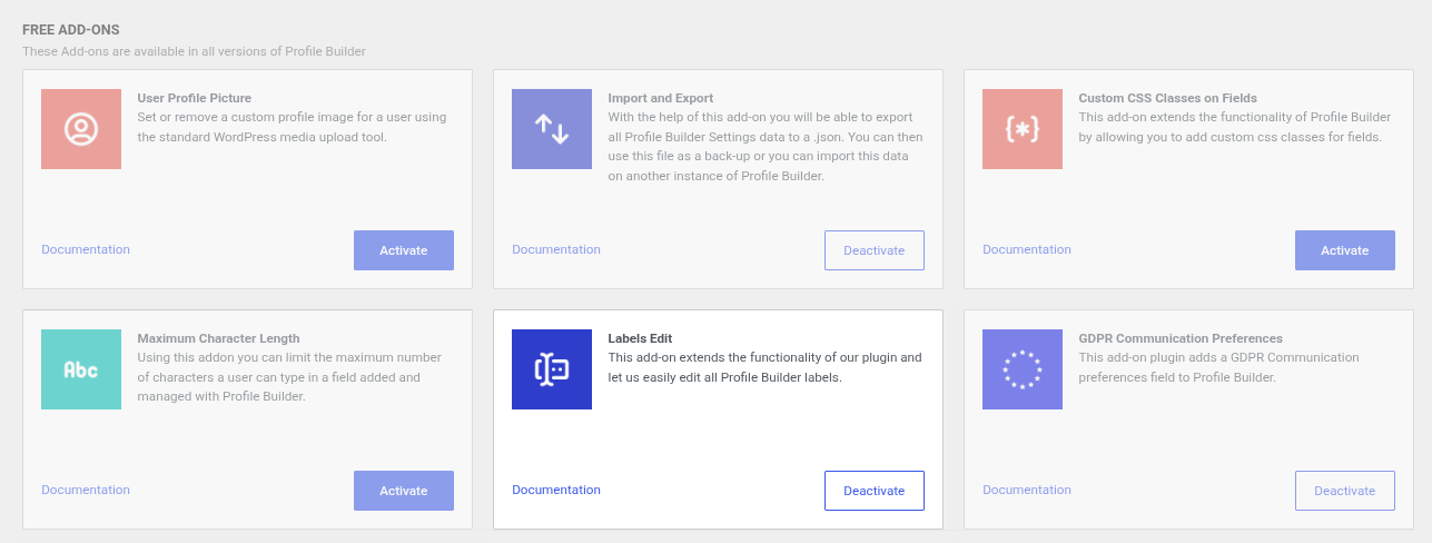 Labels edit add-on page