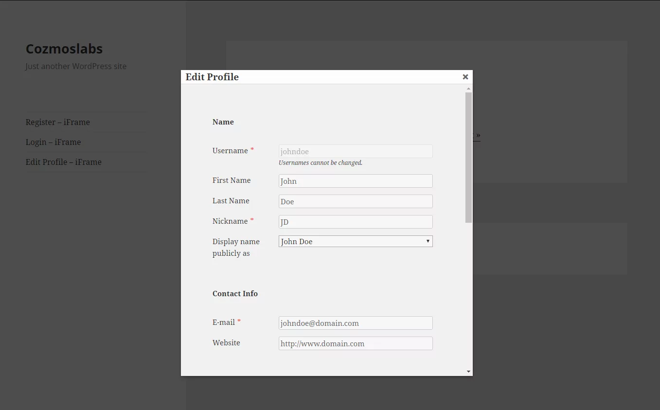 Profile Builder Pro - Custom Profile Menus - Edit Profile iFrame in Front End