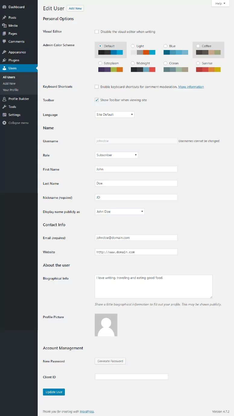 Profile Builder Pro - Field Visibility - Admin Only - Admin WordPress Edit Profile Form