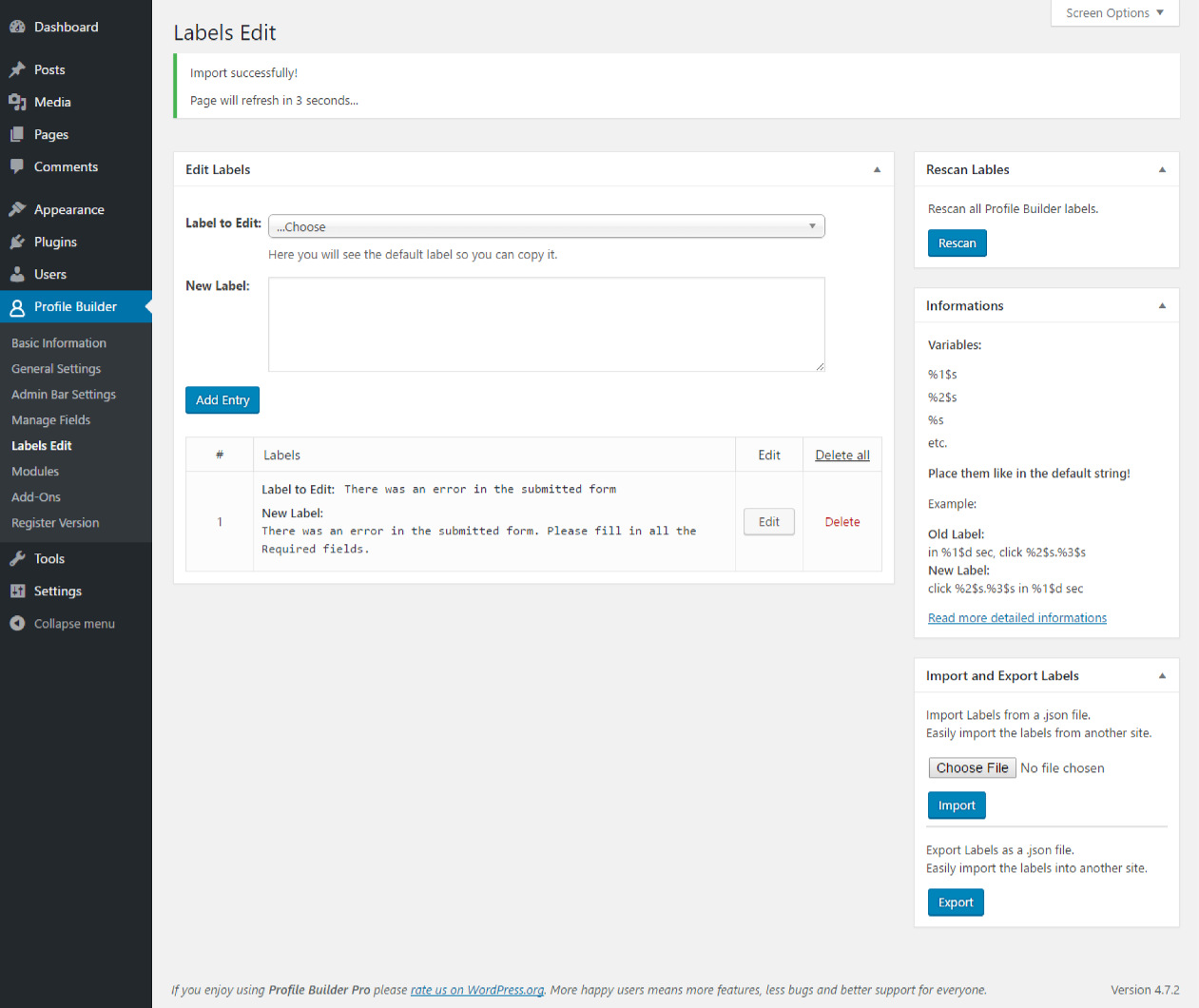 Import json file. Profile Builder Pro. Profile Builder Pro 3.8.8. WORDPRESS плагин Label icon. Import json.