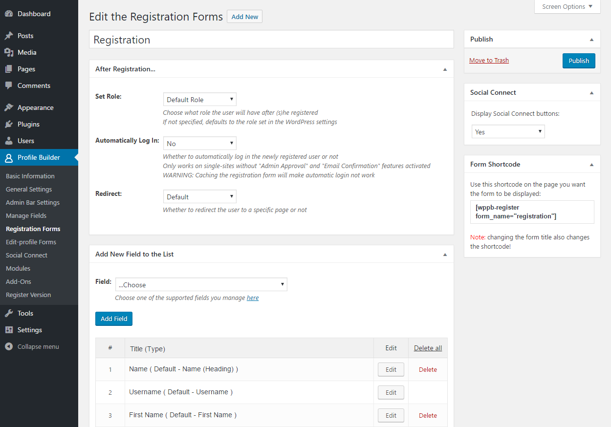 Profile Builder Pro - Social Connect - General Settings - Multiple Registration Forms