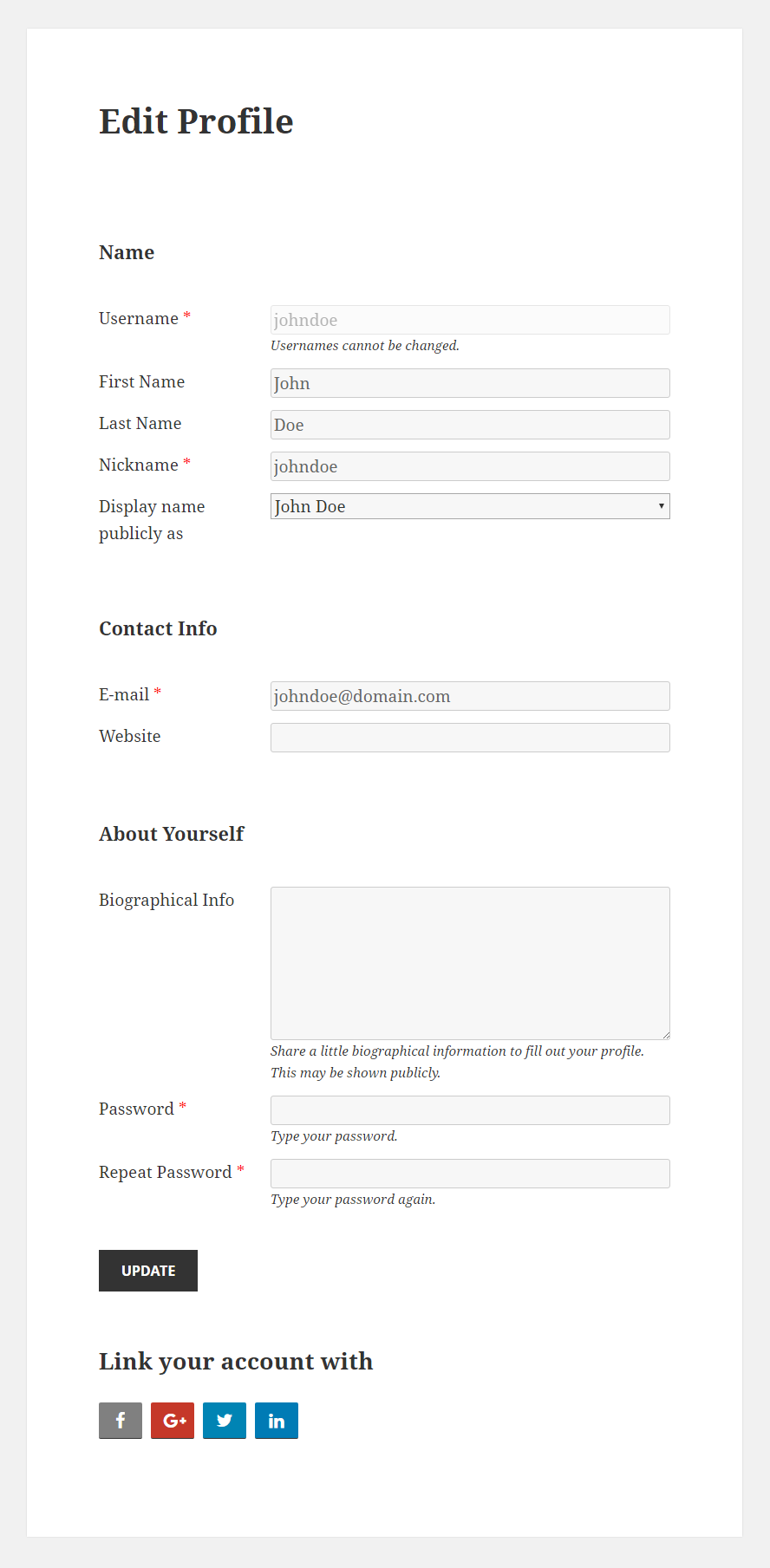 Profile Builder Pro - Social Connect - Using Social Connect - Facebook Edit Profile Form