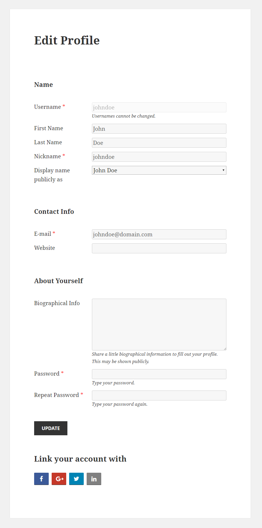 Profile Builder Pro - Social Connect - Using Social Connect - LinkedIn Edit Profile Form