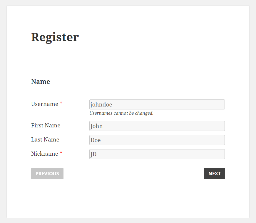Profile Builder Pro - Multi-Step Forms - Add Form Break Point - Registration Form - User Side - Step 1
