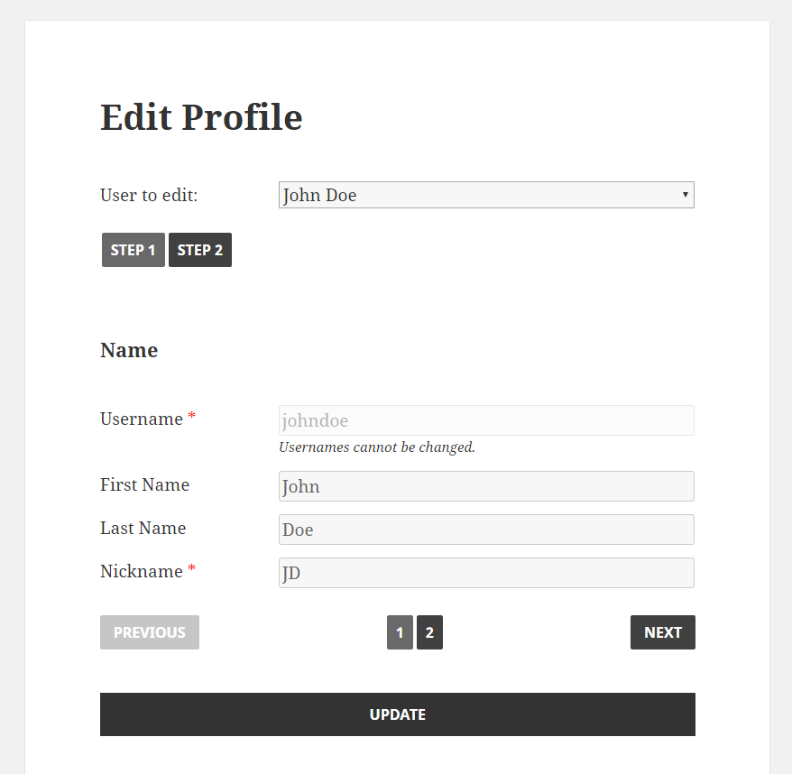 Profile Builder Pro - Multi-Step Forms - Pagination and Tabs - Edit Profile Form - Admin Side - Step 1