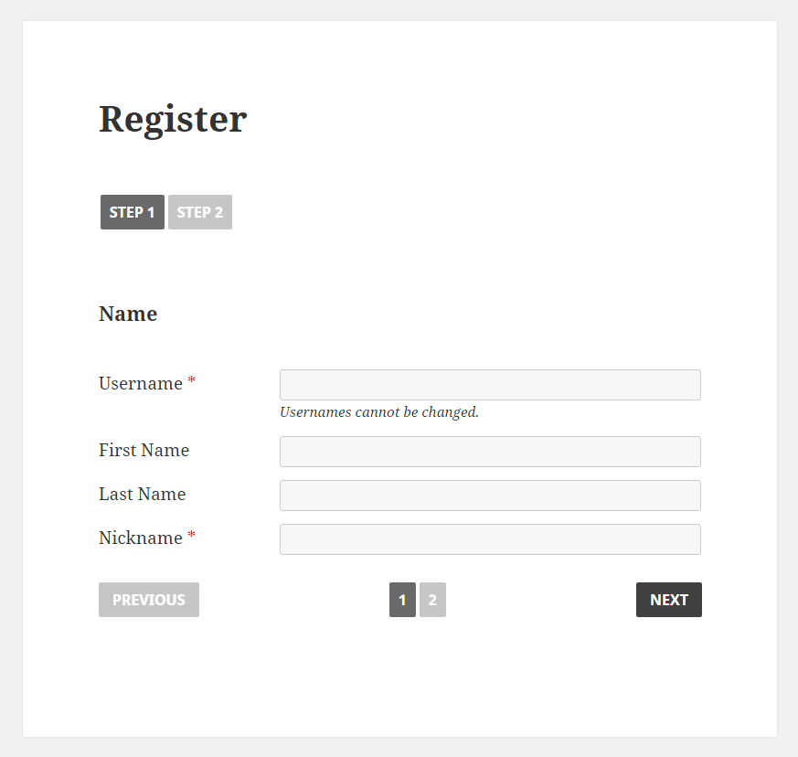 Profile Builder Pro - Multi-Step Forms - Pagination and Tabs - Registration Form - User Side - Step 1