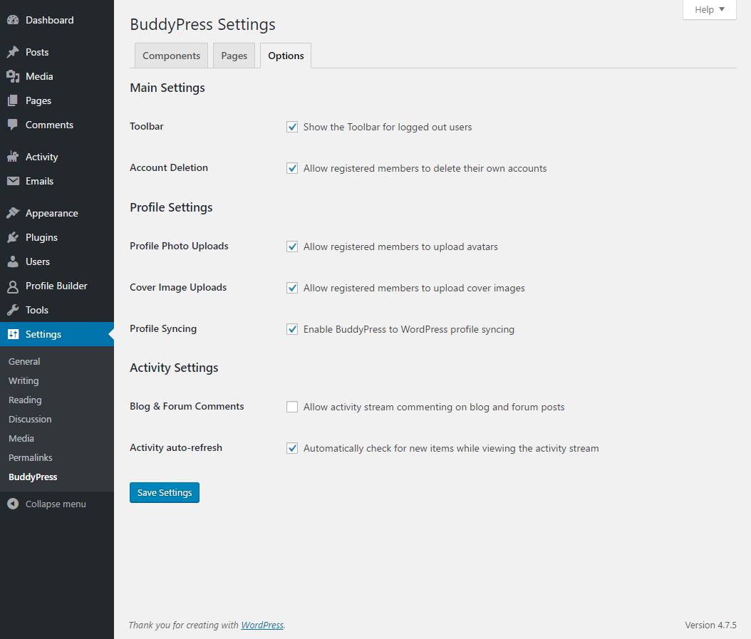 Profile Builder Pro - BuddyPress - BuddyPress Settings - Toolbar option