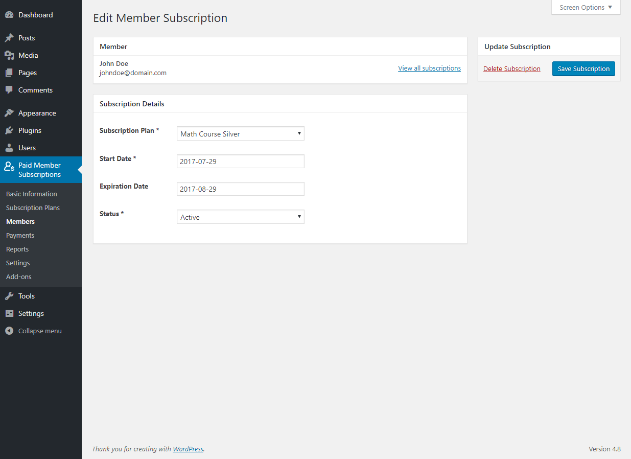 Paid Member Subscriptions Pro - Multiple Subscriptions Per User - Edit Subscription Plan