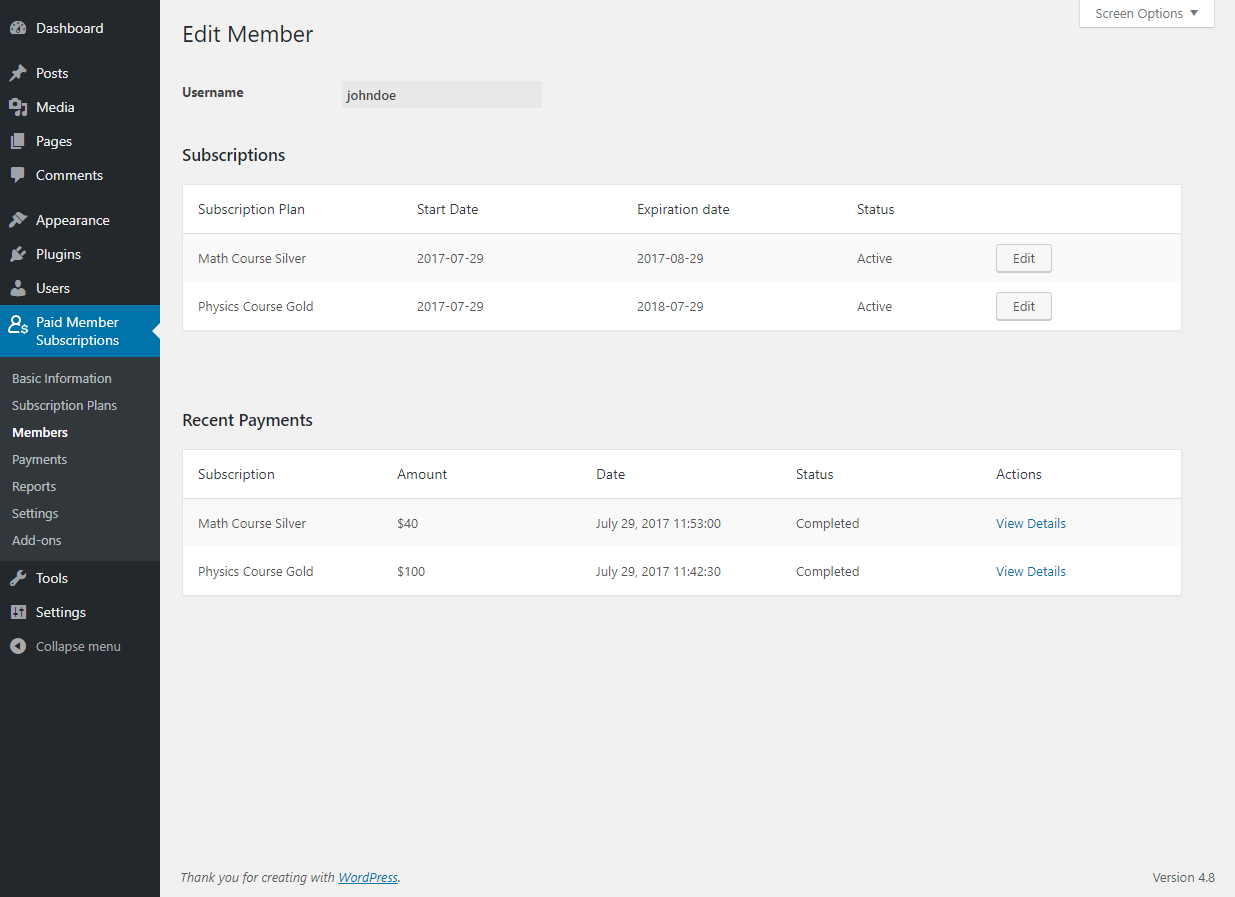 Paid Member Subscriptions Pro - Multiple Subscriptions Per User - Editing a member