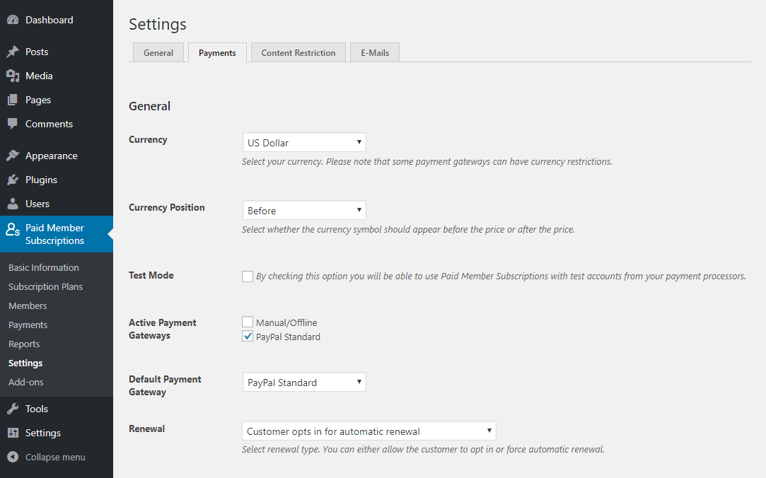 Paid Member Subscriptions Pro - Recurring Payments for PayPal Standard - Settings