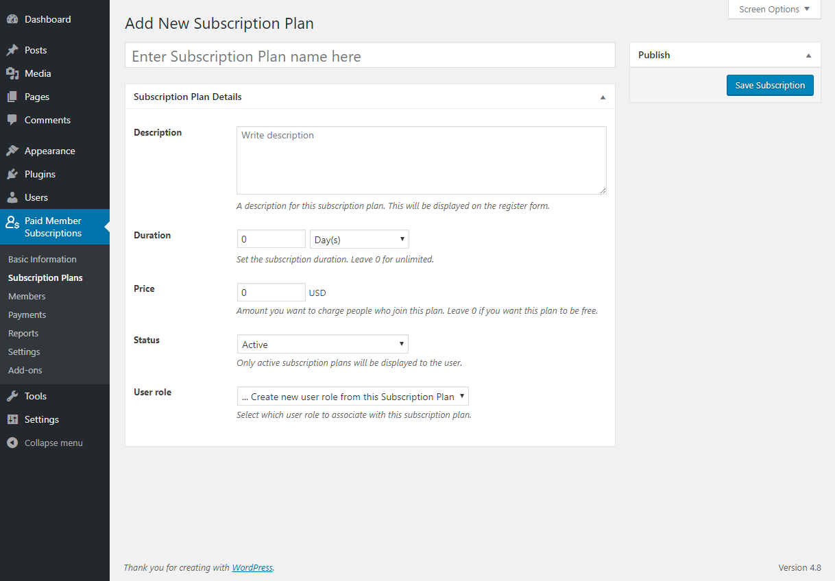 Paid Member Subscriptions - Subscription Plans - Add New