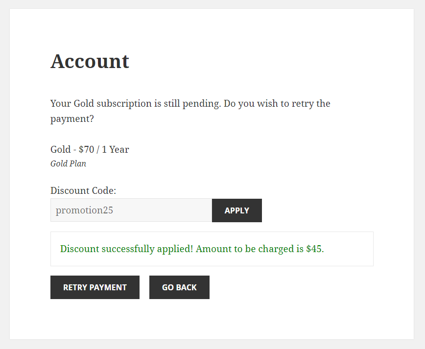 Paid Member Subscriptions Pro - Discount Codes - Using Discount Code when Retrying Payment