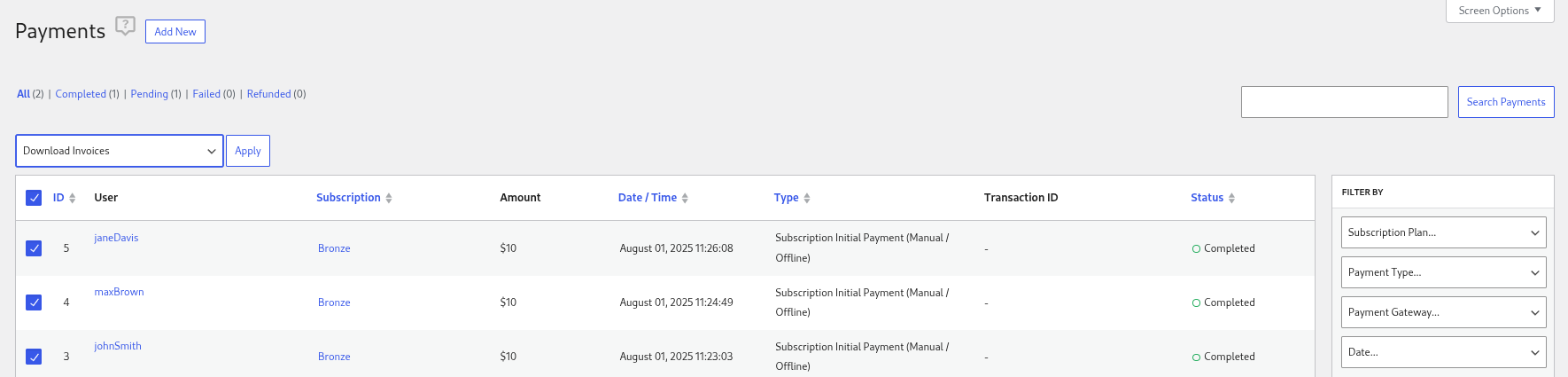 paid member subscriptions bulk download invoices.