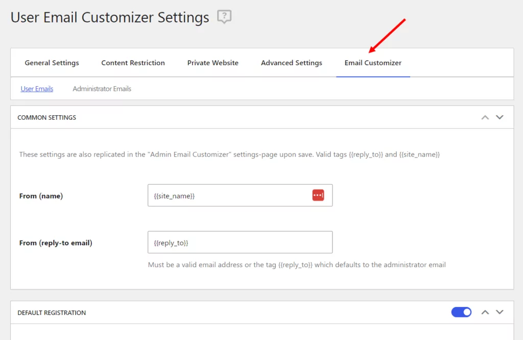 Email customizer settings