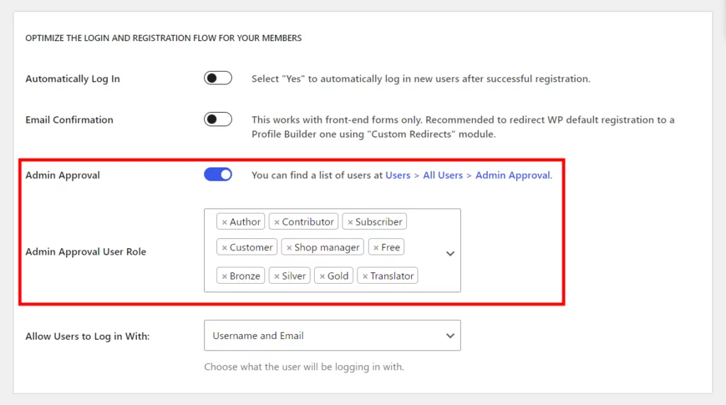 Admin approval settings