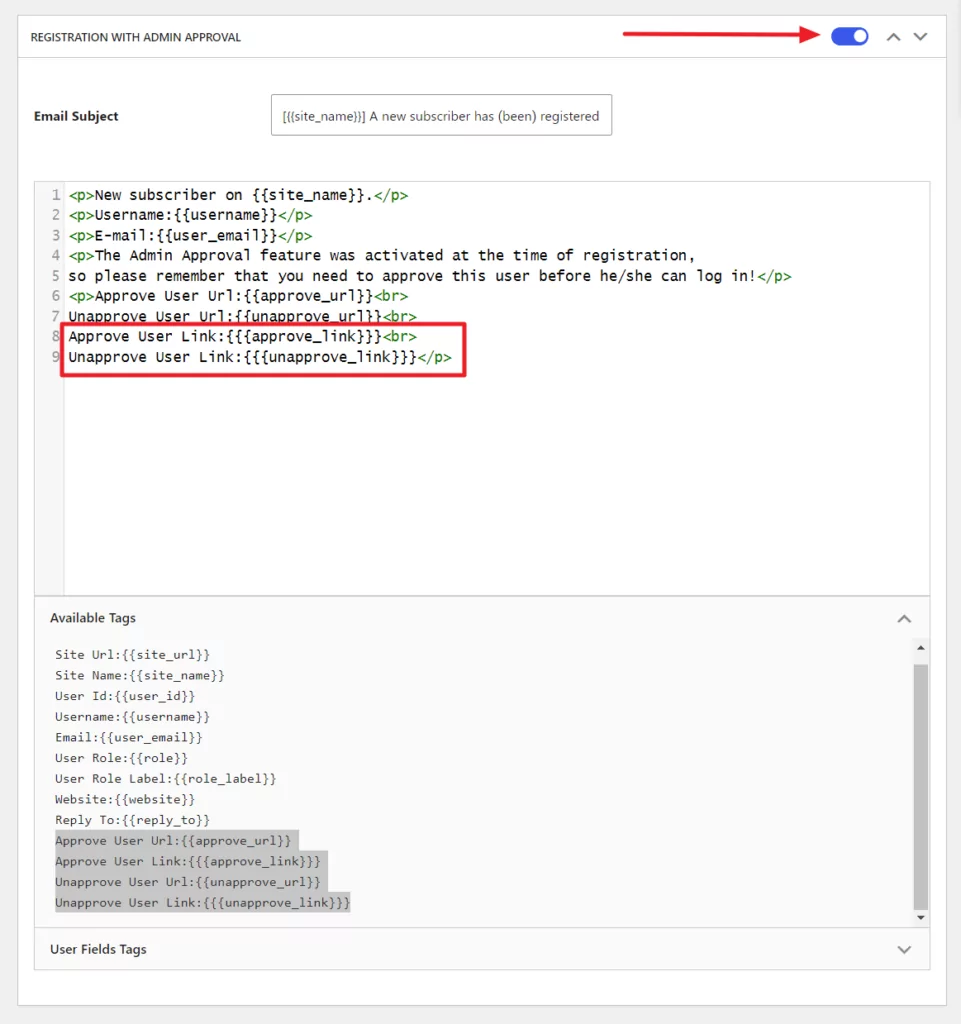 Set up WordPress approve new users email