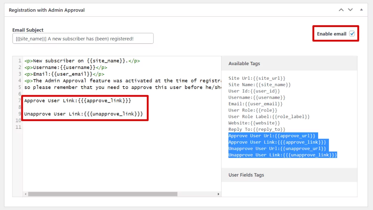 Set up WordPress approve new users email