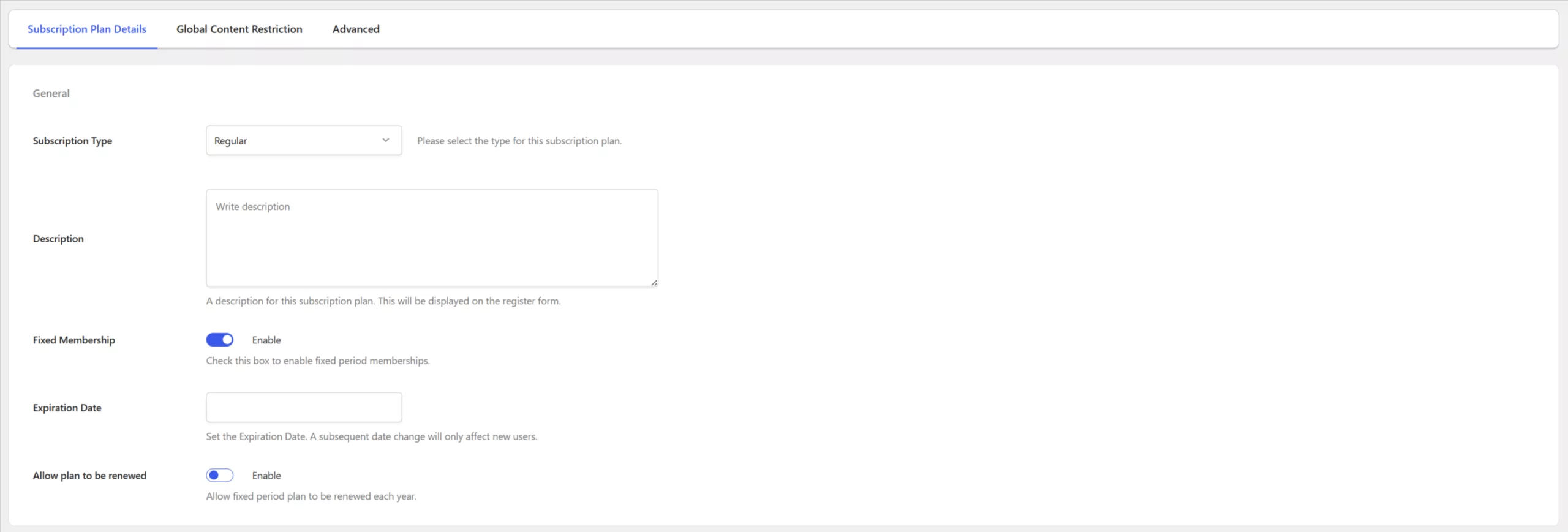 Fixed Period Membership Settings