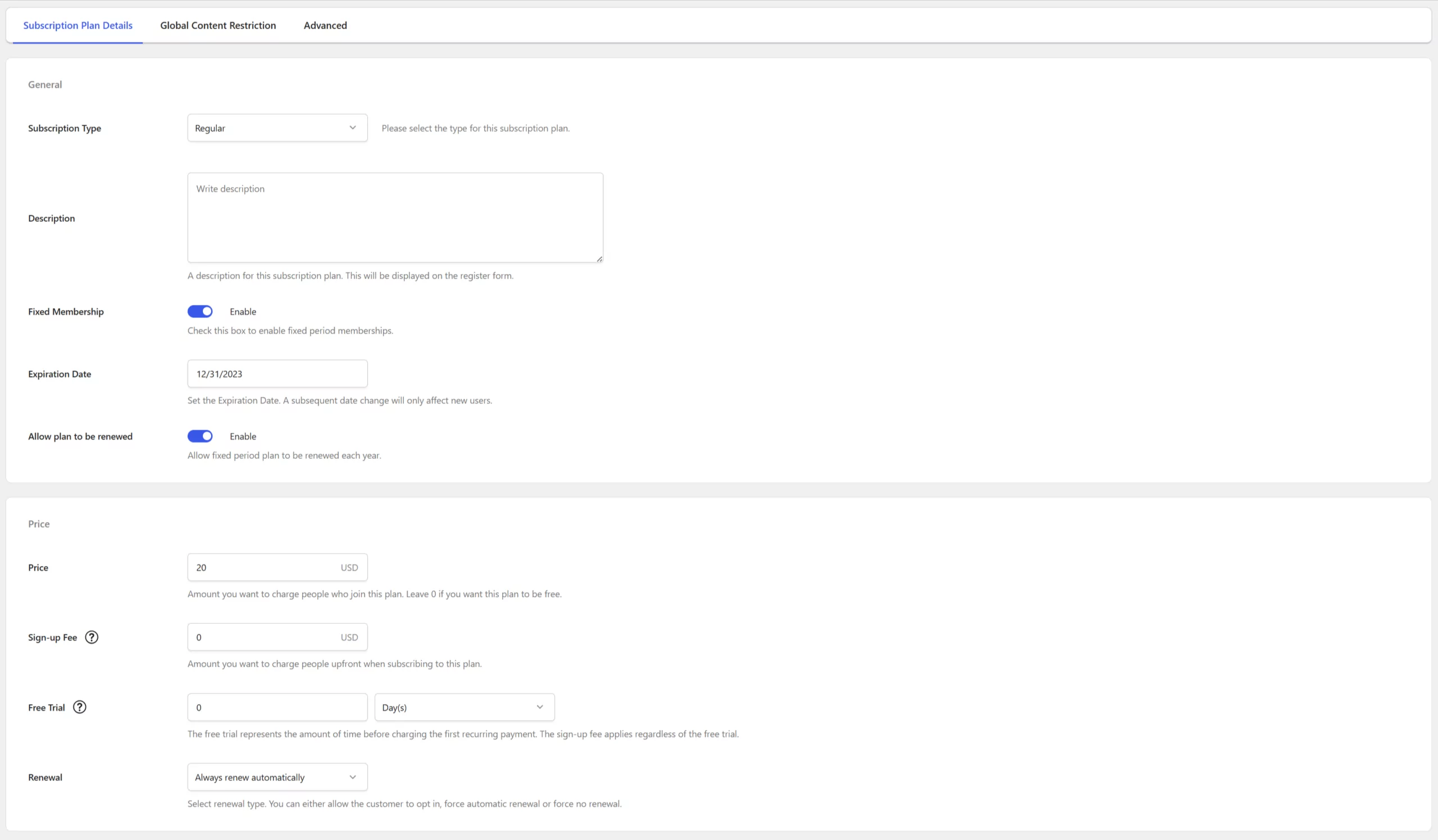 Fixed Period Membership Recurring Settings