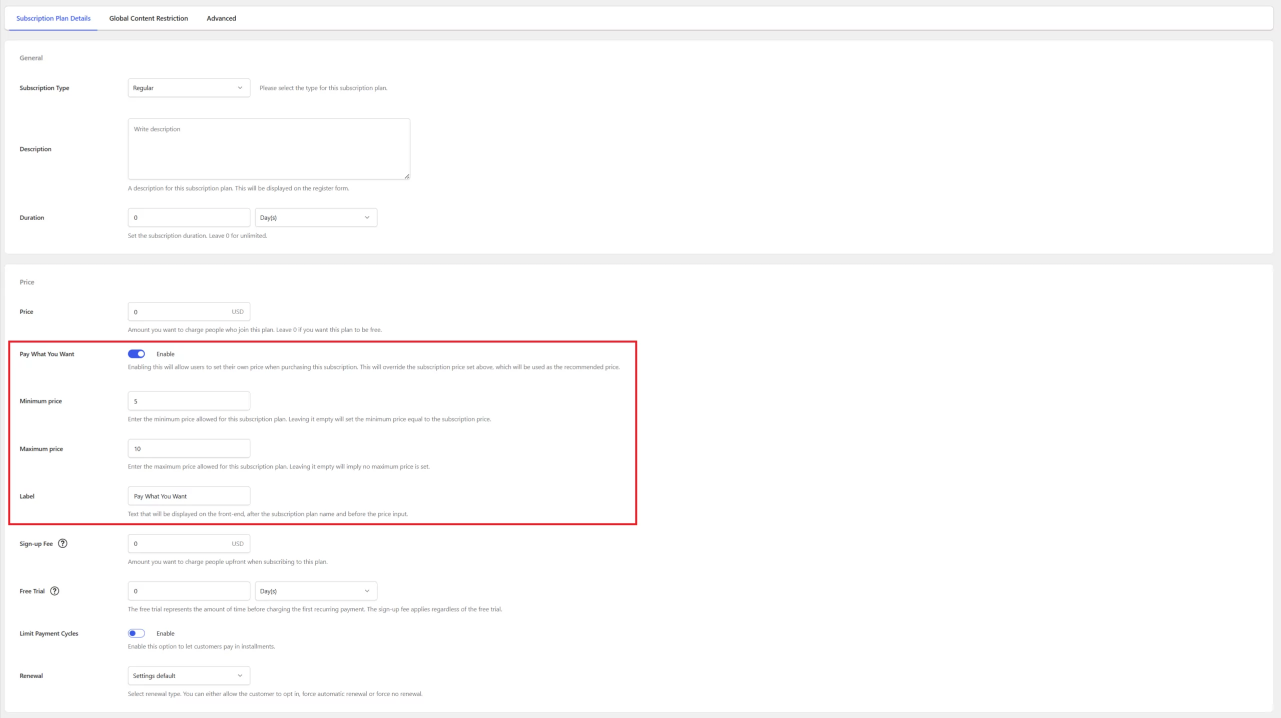 Paid Member Subscriptions Pay What You Want Settings