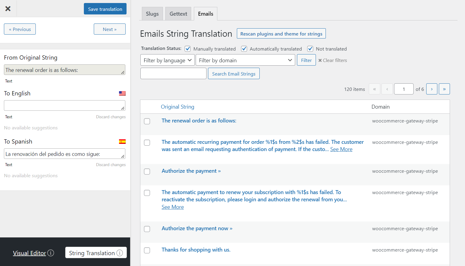 TranslatePress String Translation interface
