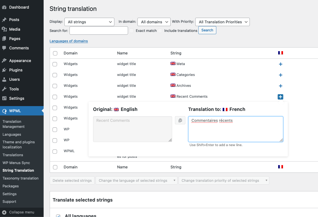 WPML String Translation Interface