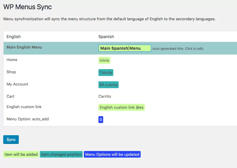 WP Menus Sync Interface