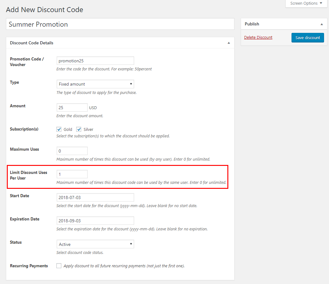 Limit Discount Code Uses per User in Paid Member Subscriptions Cozmoslabs