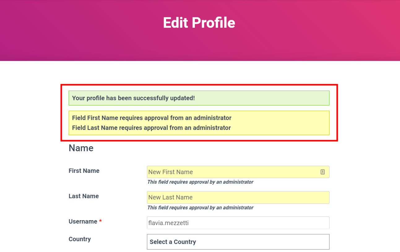 Front-end user notification that admin approval is required