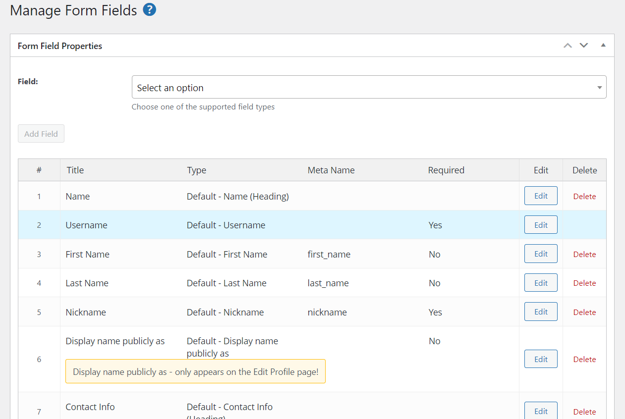 Interface of WordPress user profile plugin