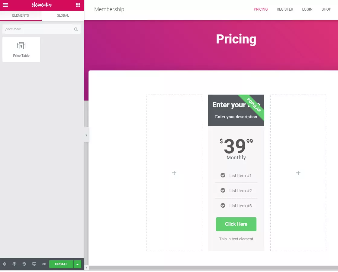 Creating an Elementor pricing table