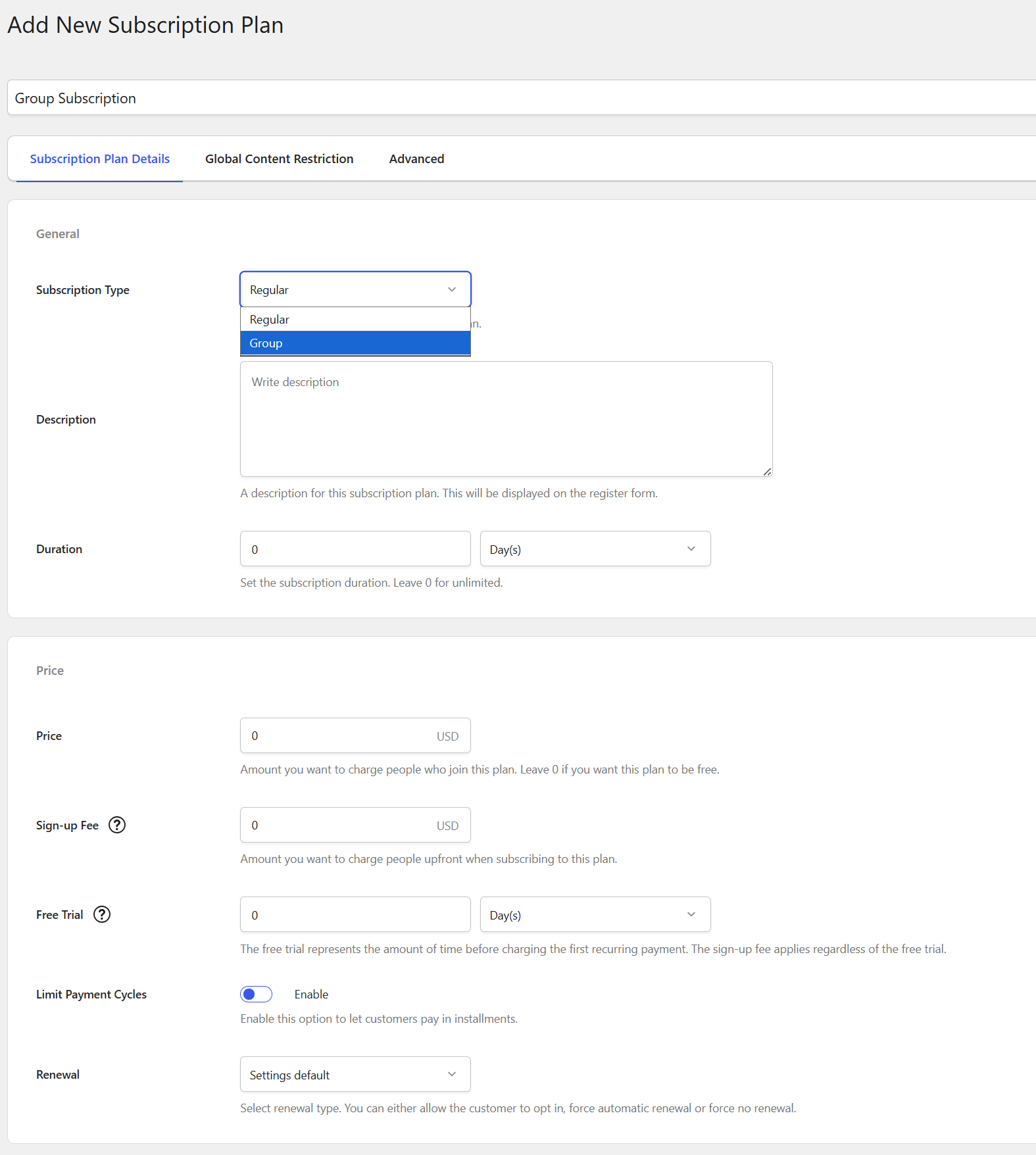 Creating a new Group subscription