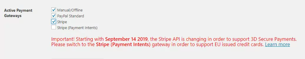Stripe SCA warning in Paid Member Subscriptions