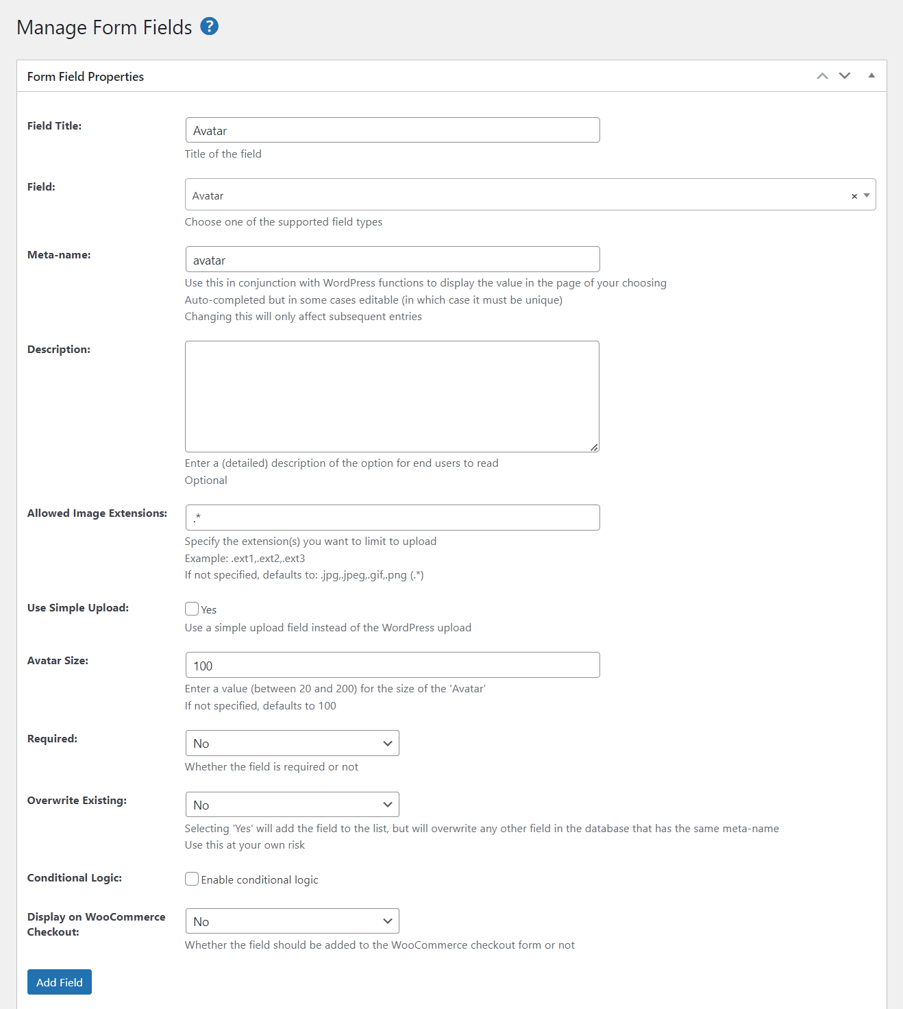 Add new avatar field to the front-end registration form